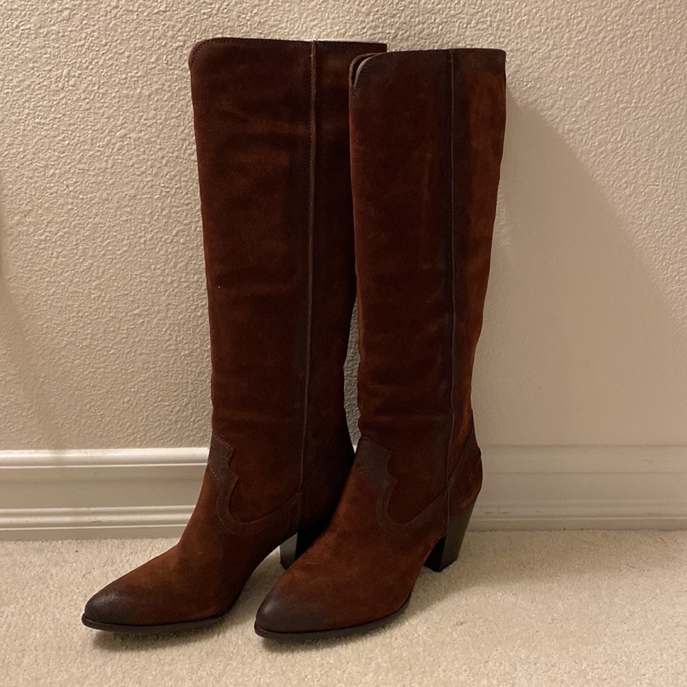 NWT, Frye Renee Seam Tall Leather Boots in Brown Suede
